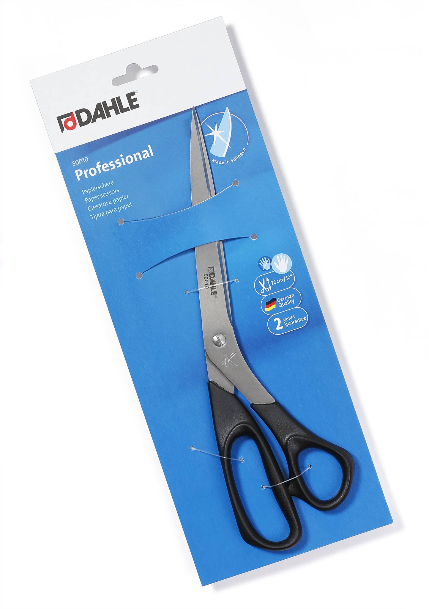 Verpackung für DAHLE Professional-Scheren auf einer blau-weißen Einzelhandelskarte, mit schwarzen Griffen aus Metall und Produktmerkmal-Symbolen.