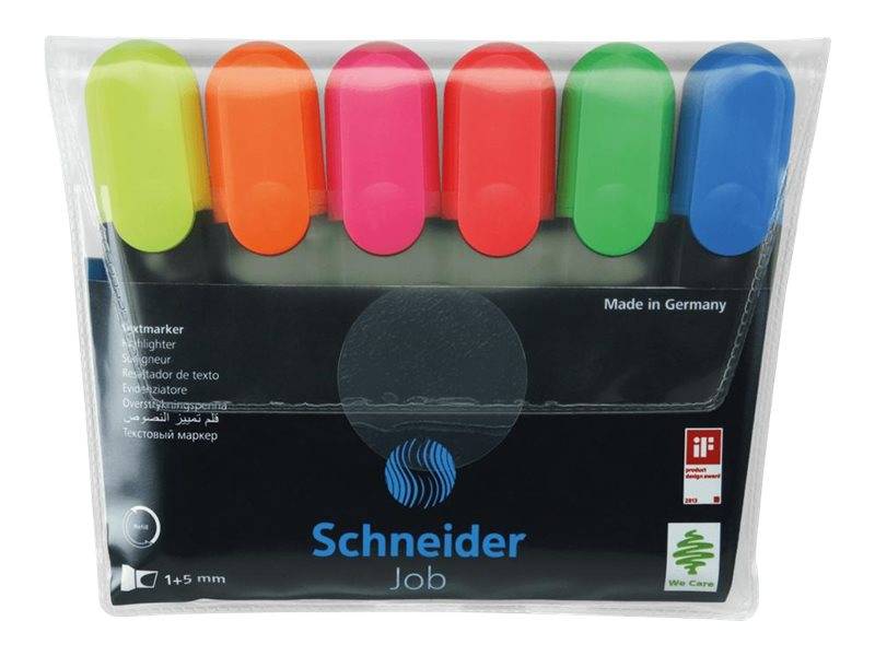 Packung mit Schneider Job Textmarkern in sechs Farben: Gelb, Orange, Pink, Rot, Grün und Blau, gekennzeichnet mit „Made in Germany