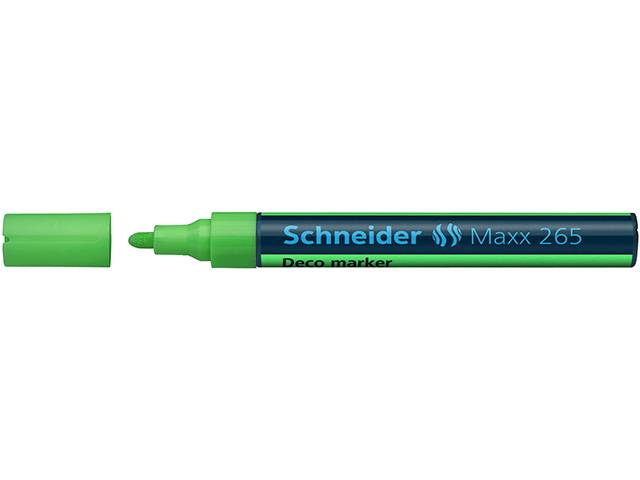 Green Schneider Maxx 265 deco-Marker mit entfernter Kappe, die die Markerspitze und das blau beschriftete Fass auf weißem Hintergrund zeigt.