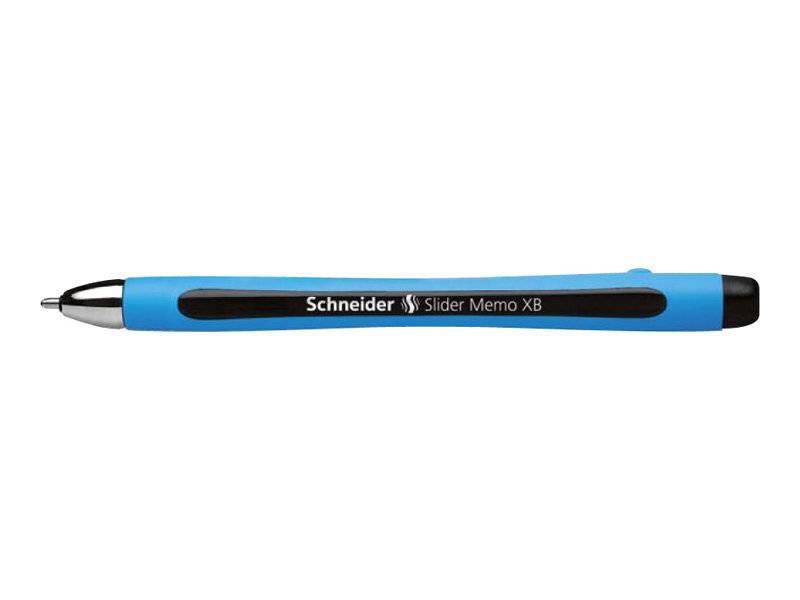 Blauer Schneider Slider Memo XB Kugelschreiber mit schwarzem Griff und Kappe, horizontal auf weißem Hintergrund dargestellt.