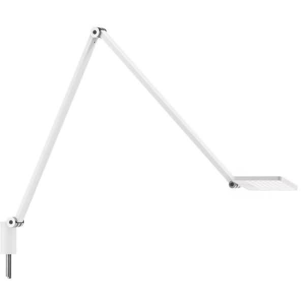 Weiße verstellbare gelenkige Schreibtischlampe mit zwei Gelenken und kleinem rechteckigem LED-Lampenkopf auf einfachem weißen Hintergrund.