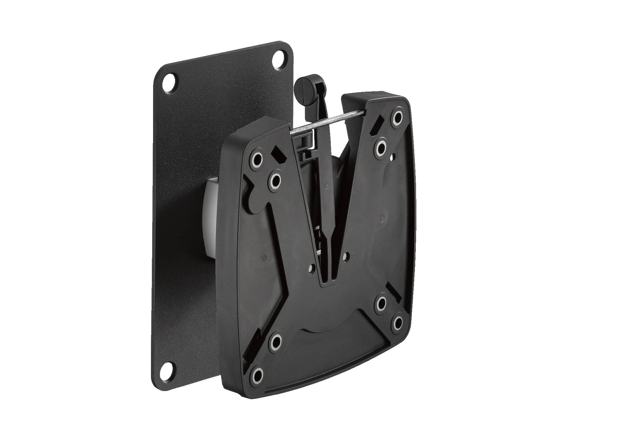 Schwarze Wandmontageklammer aus Metall mit schwenkbarem Arm und Grundplatte, in einer eingeklappten Position vor schwarzem Hintergrund dargestellt.