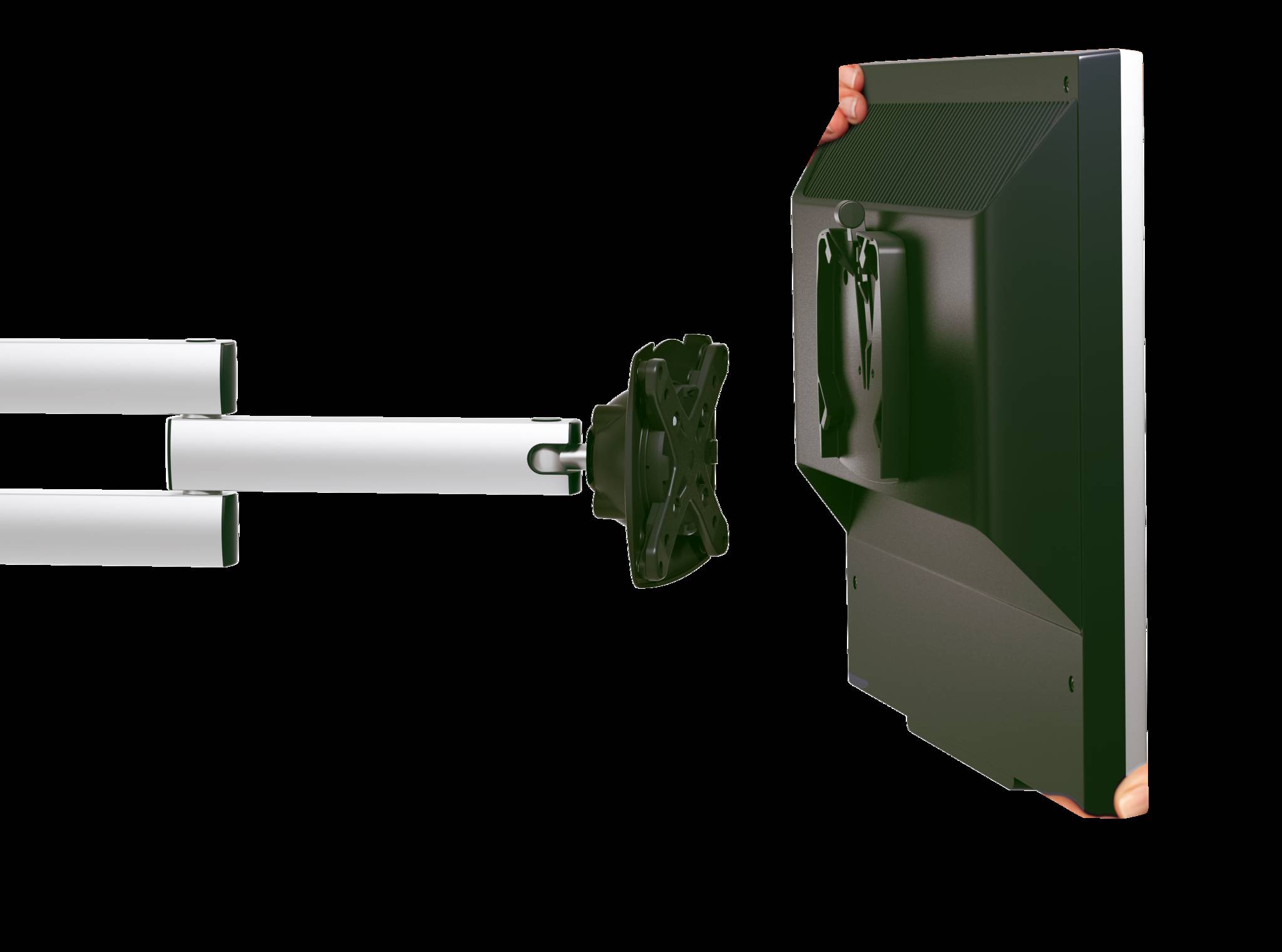 Mechanischer Arm, der ein grünes flaches Bedienfeld hält, zeigt die Rückseite und die Befestigungshardware vor schwarzem Hintergrund.