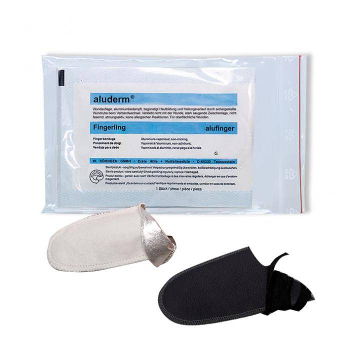 Packung mit Aluderm Fingerling Fingerkuppen-Fingerpflastern mit zwei Schutzhüllen für die Finger, eine beige und eine schwarz.