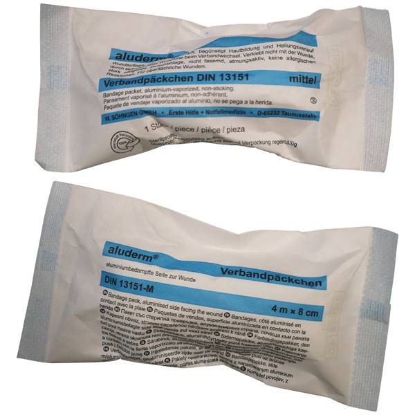 aluderm®Verbandpäckchen Erste Hilfe DIN 13151 mittel Binde 4 m x 8 cm, Kompresse 8 x 10 cm 8 x 10 cm Kompresse