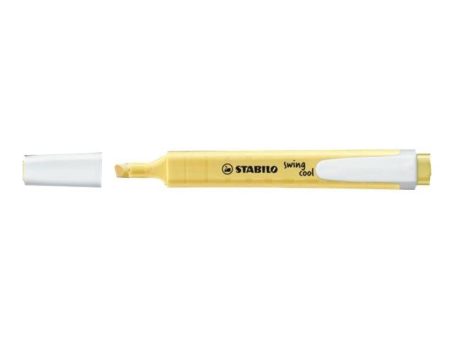 Gelber STABILO Swing Cool Textmarker mit entfernter Kappe, horizontal auf weißem Hintergrund dargestellt.