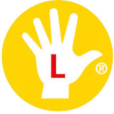 Weißes Handlogo auf einem gelben Kreis mit einem roten 