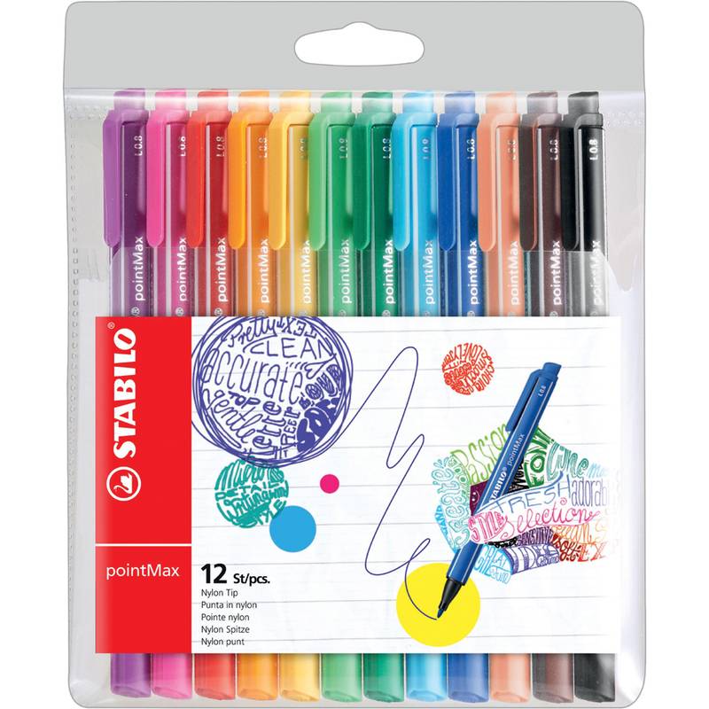 Packung mit 12 STABILO pointMax Faserstiften in verschiedenen Farben, gezeigt in transparenter Kunststoffverpackung mit Beispielkritzeleien und Schreibmustern.