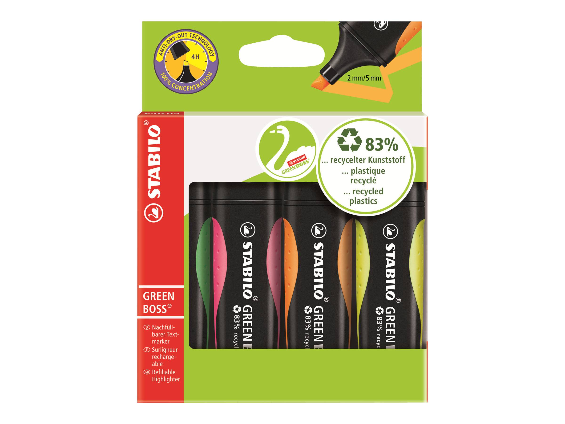 STABILO GREEN BOSS - Textmarker - Grün, Gelb, Orange, rosa - wasserbasierte Tinte - 2-5 mm (Packung mit 4)