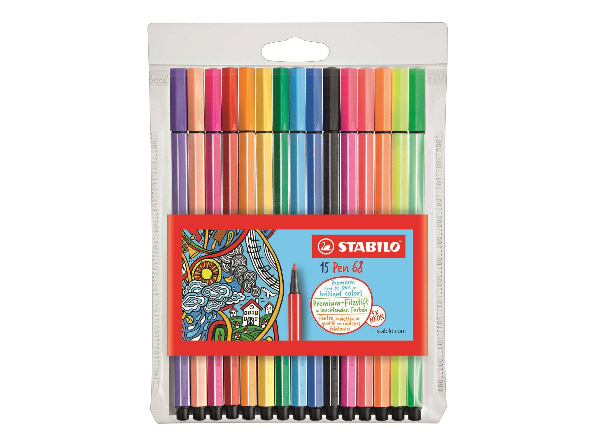 STABILO Pen 68 - Filzstift - gemischte Farben - wasserbasierte Tinte - 1 mm - Mittel (Packung mit 15)