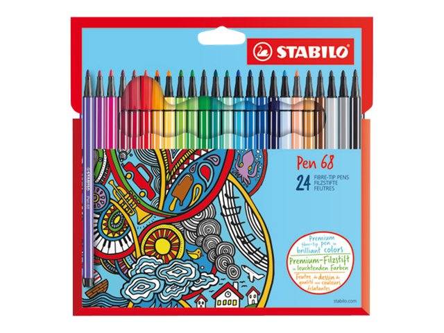 Stabilo Pen 68 Set-Packung mit 24 farbenfrohen Filzstiften und leuchtender mehrfarbiger Marker-Auswahl auf der Vorderseite der Schachtel.