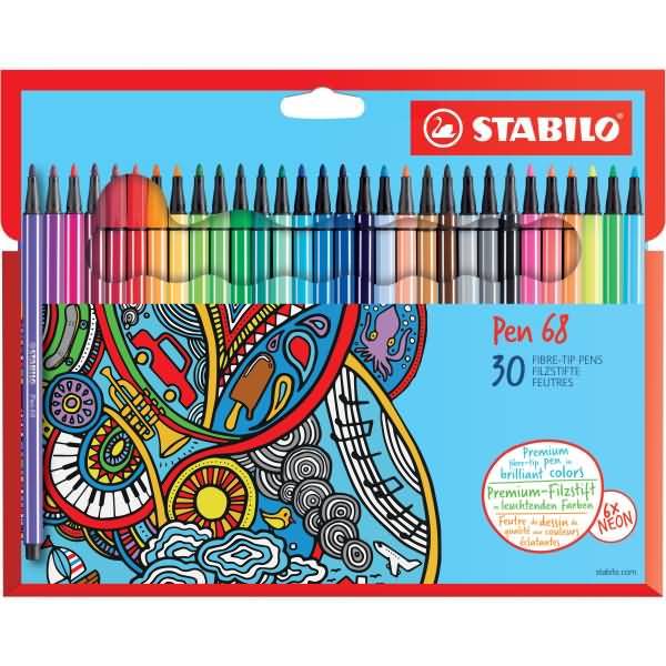 STABILO Pen 68 Cardboard Wallet, Medium, 30 Farben, Mehrfarbig, 1 mm, Mehrfarbig, Hexagonal