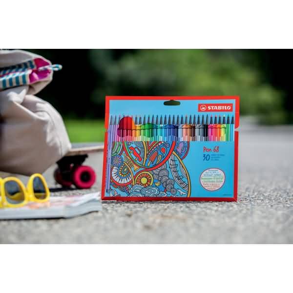 STABILO Pen 68 Cardboard Wallet, Medium, 30 Farben, Mehrfarbig, 1 mm, Mehrfarbig, Hexagonal