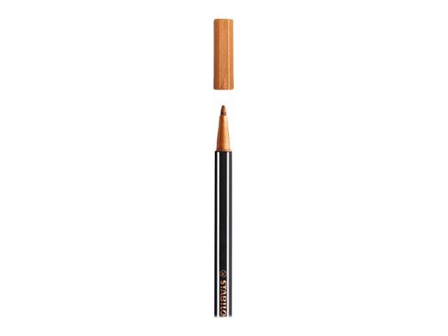 Ein schwarzer Eyeliner-Stift mit entfernter goldener Kappe, die die angespitzte Spitze vor weißem Hintergrund zeigt.