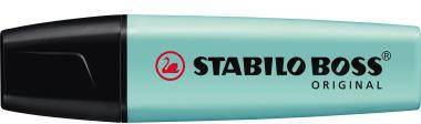 Minzgrüner STABILO BOSS Original Textmarker mit schwarzer Kappe und schwarzem Logo-Text auf dem Schaft.