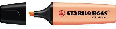 Orange STABILO BOSS ORIGINAL Textmarker mit schwarzer Kappe entfernt, wobei die Keilspitze sichtbar ist.