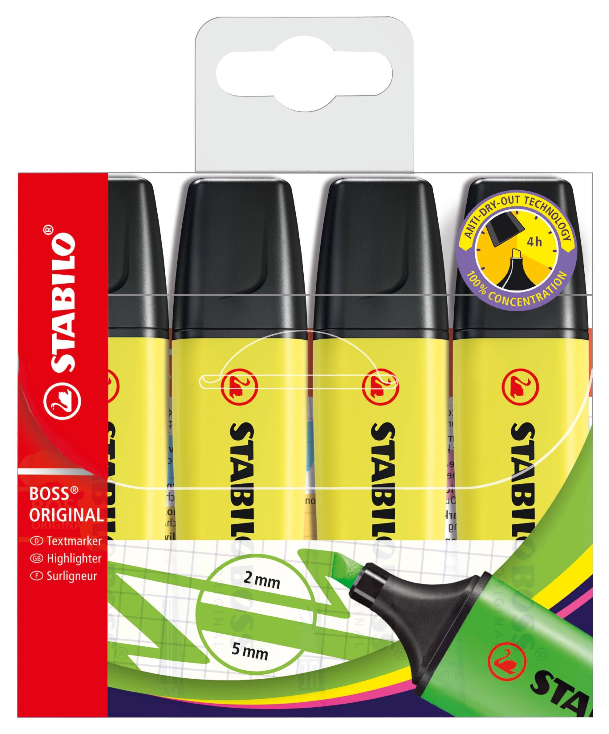 Packung mit vier STABILO BOSS Original Textmarkern in Gelb und Grün mit „2 mm
