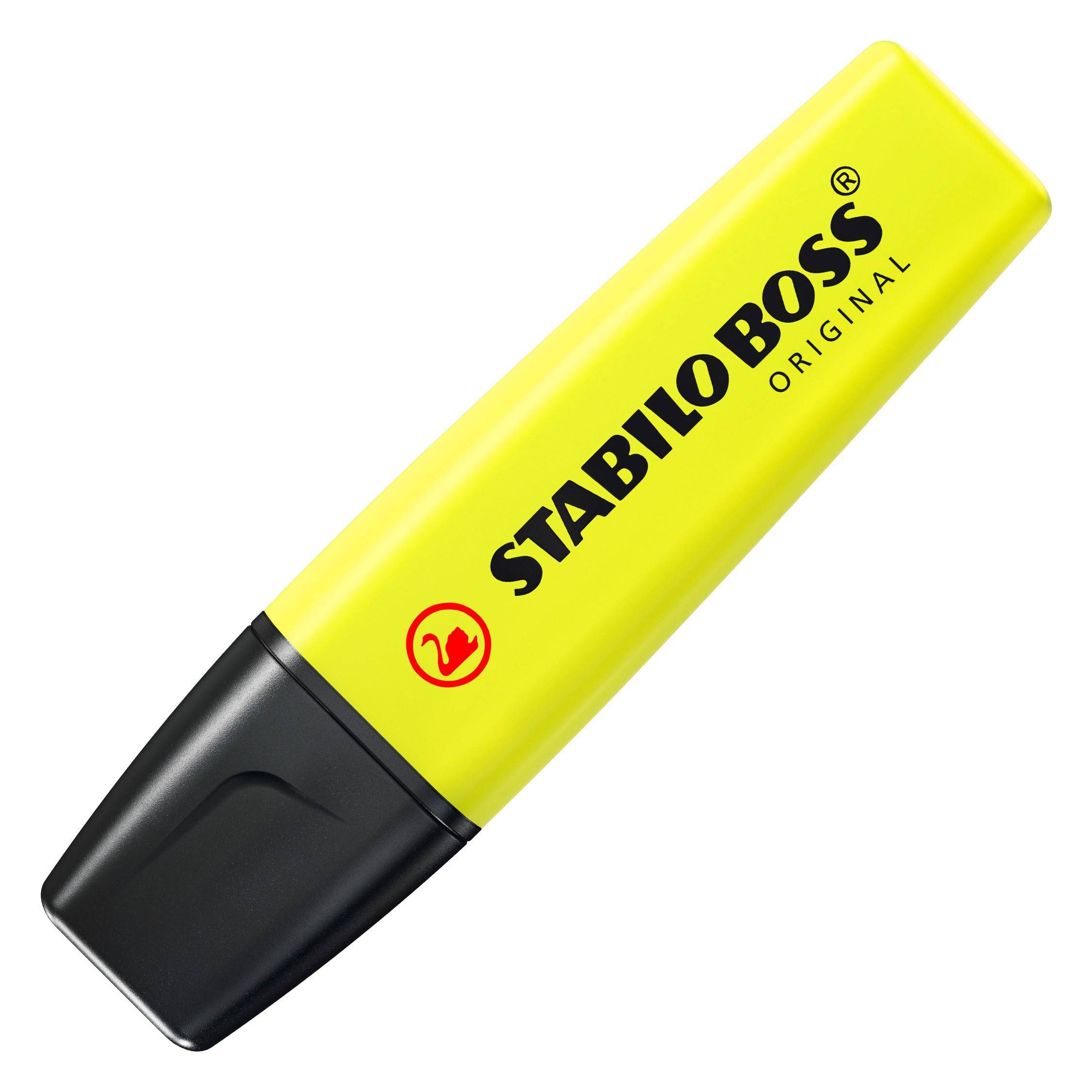 Gelber STABILO BOSS ORIGINAL Textmarker mit schwarzer Kappe auf weißem Hintergrund.
