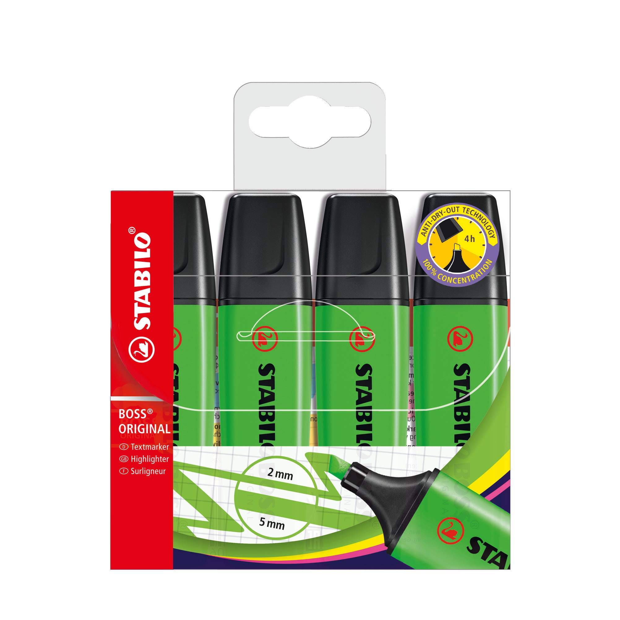 Verpackung von vier grünen und schwarzen STABILO BOSS ORIGINAL Textmarkern mit Etiketten, die 2-mm- und 5-mm-Keilspitzen zeigen.