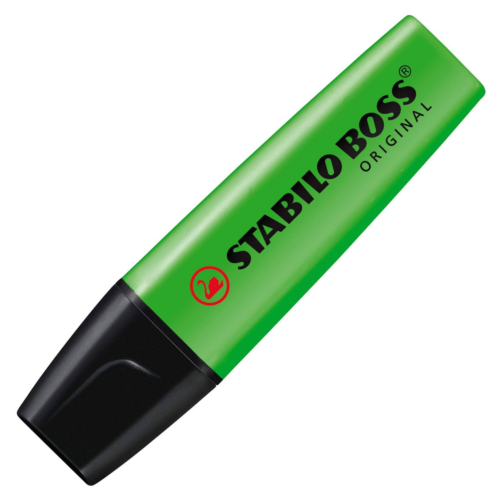 Grüner STABILO BOSS ORIGINAL Textmarker mit schwarzer Kappe, diagonal auf weißem Hintergrund dargestellt.