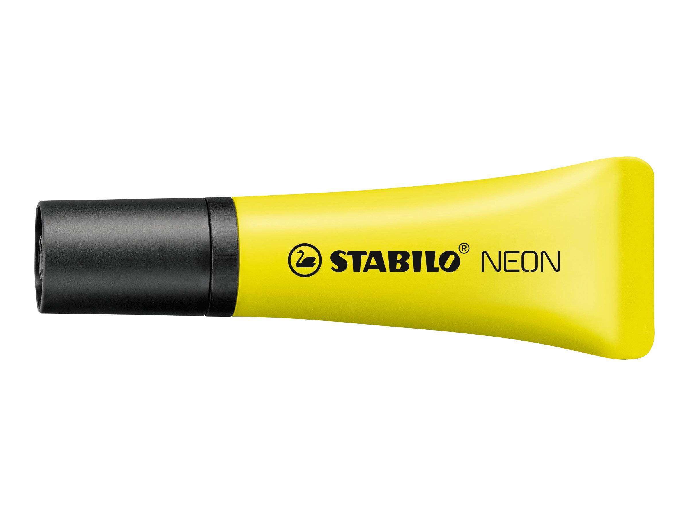 Gelber STABILO NEON Textmarker mit schwarzer Kappe, auf weißem Hintergrund abgebildet.