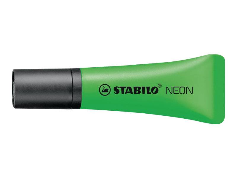 Grüner STABILO NEON Textmarker mit schwarzer Kappe, gezeigt in Seitenansicht auf weißem Hintergrund.