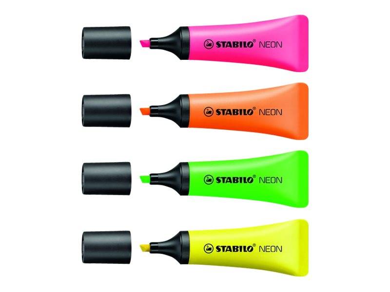 STABILO NEON - Textmarker - Grün, Gelb, Orange, rosa - wasserbasierte Tinte - 2-5 mm (Packung mit 4)