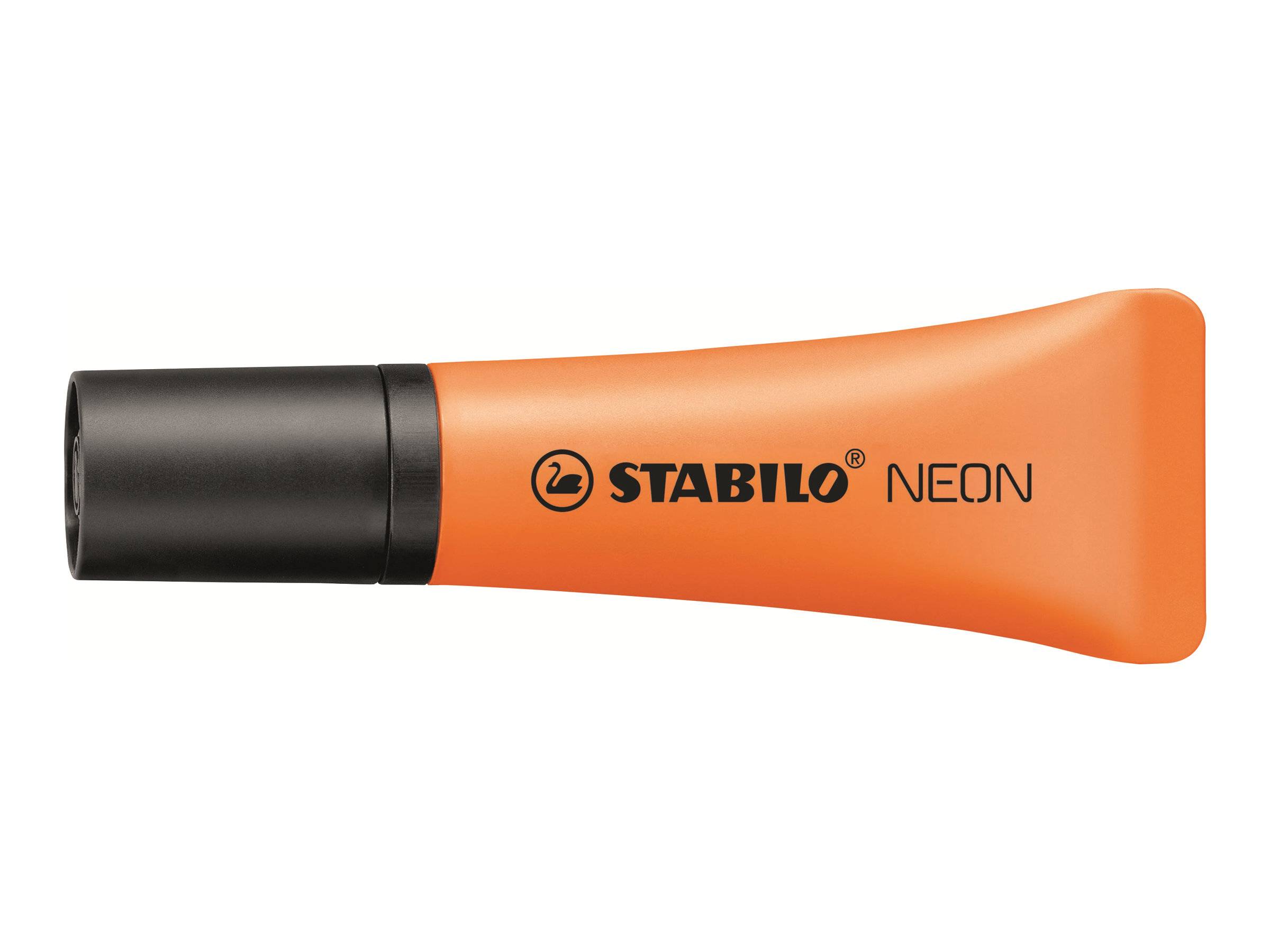 Orange STABILO NEON Textmarker mit schwarzem Deckel auf weißem Hintergrund.