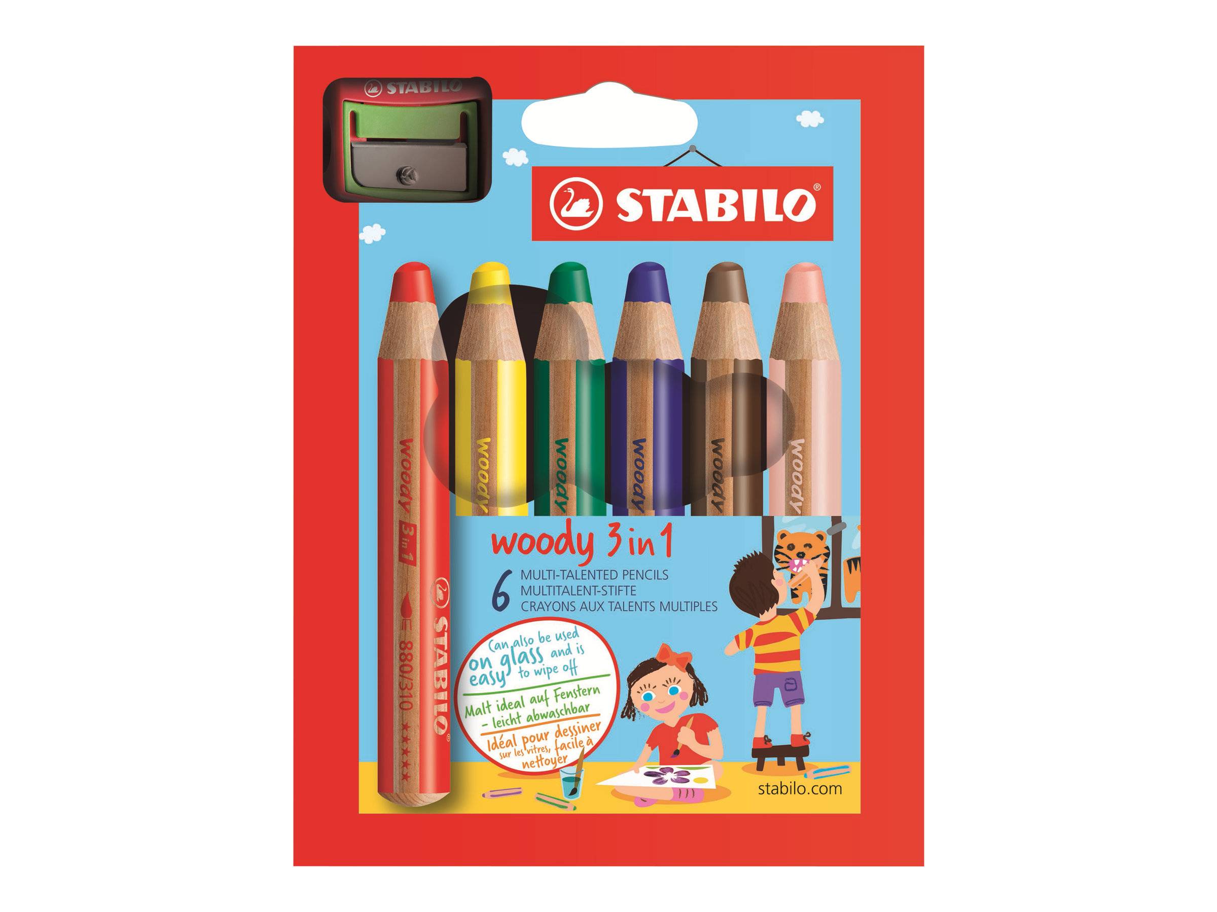 STABILO woody 3 in 1 - Farbstift - für Glas, Leder, Metall - Gelb, braun, Ultramarine, fliederfarben , STABILO-Rot, Dunk
