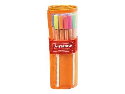 Orange-Etui mit einem Set farbiger STABILO-Textmarker auf weißem Hintergrund.