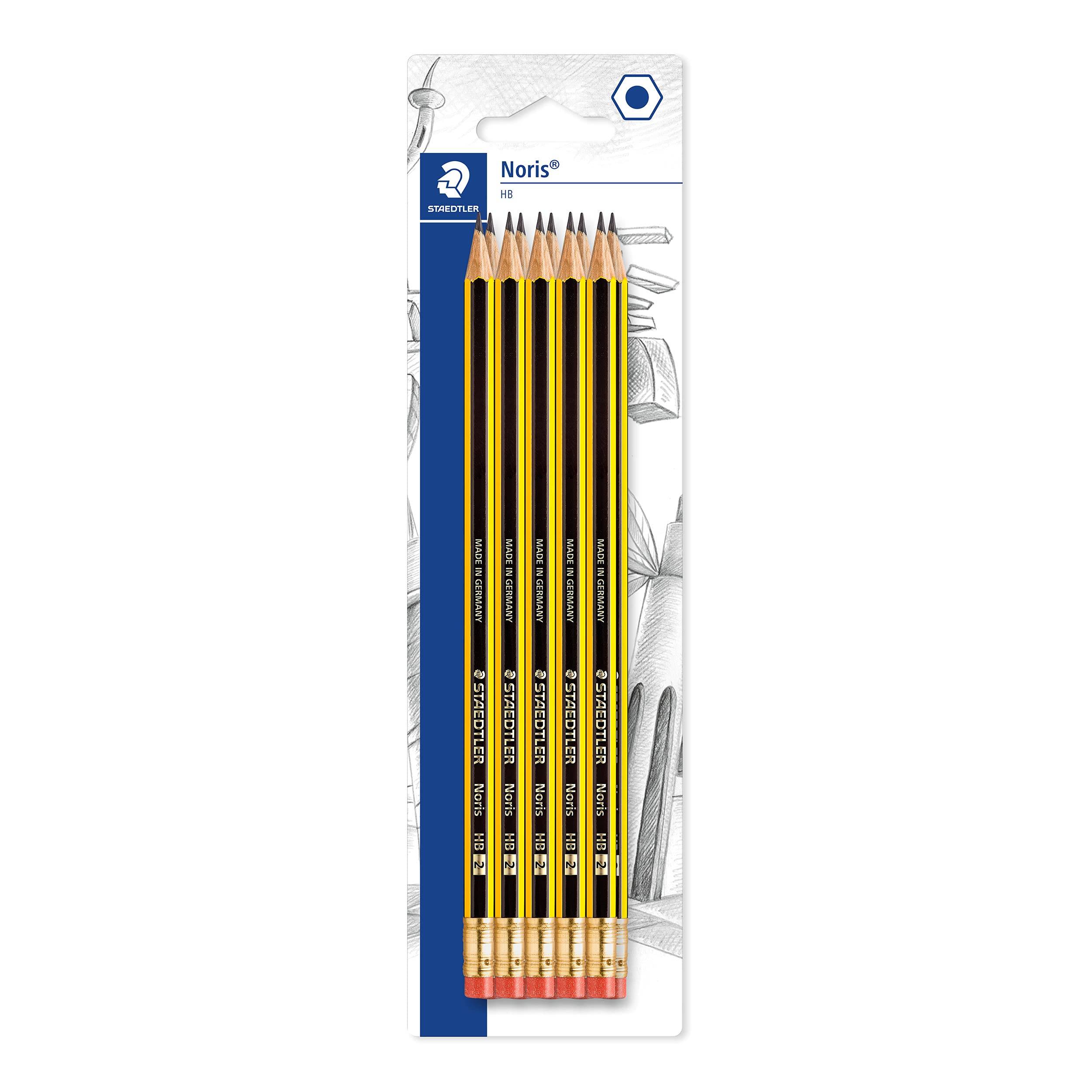 Packung mit sechs Staedtler Noris Stiften im schwarz-gelb gestreiften Design, abgebildet auf Einzelhandelverpackung mit sichtbaren Stiftspitzen.