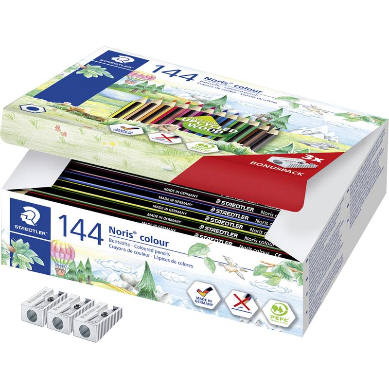 Packung Staedtler Noris Farbstifte, 144er Bonuspack, mit mehreren Farbstiften, die in der offenen Packung sichtbar sind.