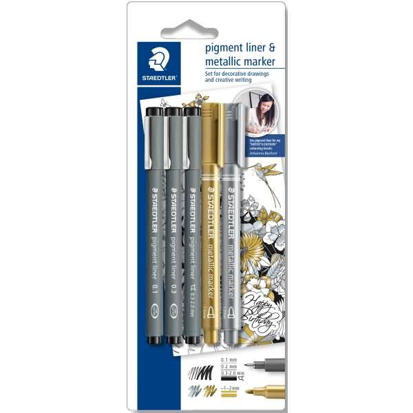 Feinschreiber pigment liner 3 Stück schwarz + metallic marker gold und silber