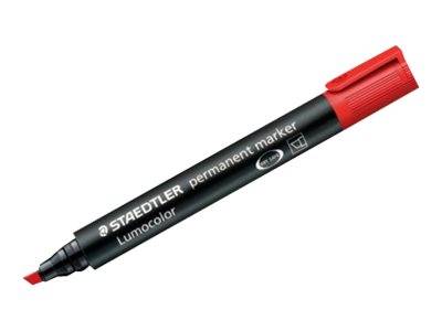 Schwarzer und roter STAEDTLER Lumocolor permanent Marker, diagonal auf weißem Hintergrund abgebildet.
