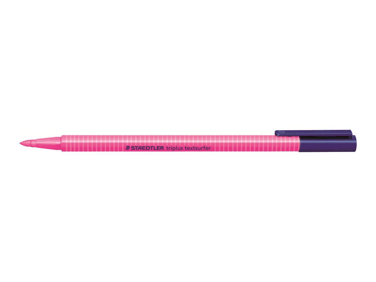 Rosa STAEDTLER triplus textsurfer Textmarker mit dunkler Kappe, horizontal auf weißem Hintergrund dargestellt.