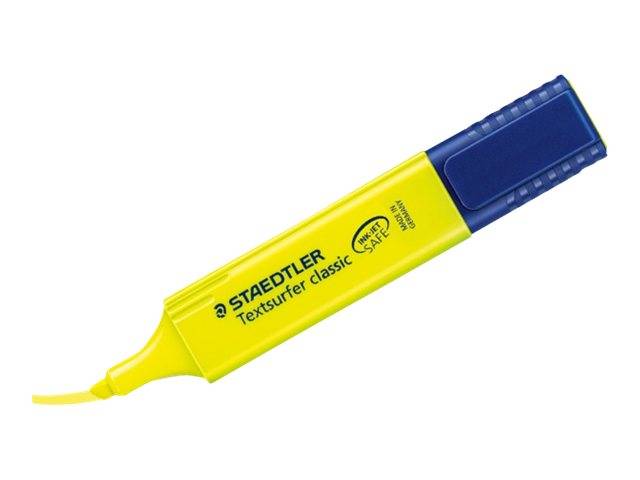 Gelb und blau Staedtler Textsurfer Classic Textmarker auf weißem Hintergrund.