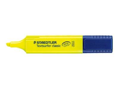 Gelber und blauer STAEDTLER Textsurfer classic Textmarker auf weißem Hintergrund.
