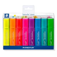 Packung mit acht STAEDTLER Textsurfer Classic Textmarkern in Neonfarben, angeordnet in einem durchsichtigen Kunststoff-Display-Behälter.