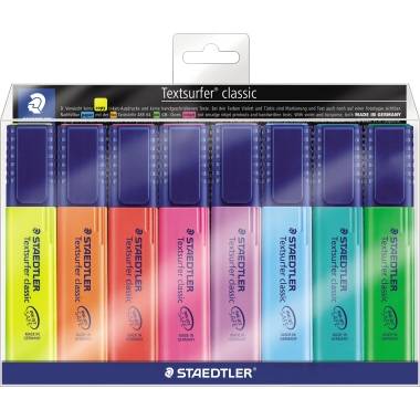 Packung mit acht STAEDTLER Textsurfer Classic Textmarkern in verschiedenen Farben, gezeigt in Einzelhandelverpackung.