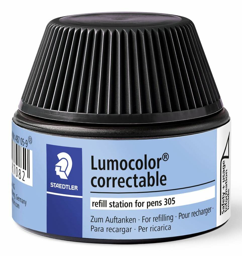 Eine blaue Staedtler Lumocolor korrigierbare Nachfüllstation für Stifte 305 mit schwarzer gerippter Kappe und Produktetikett.