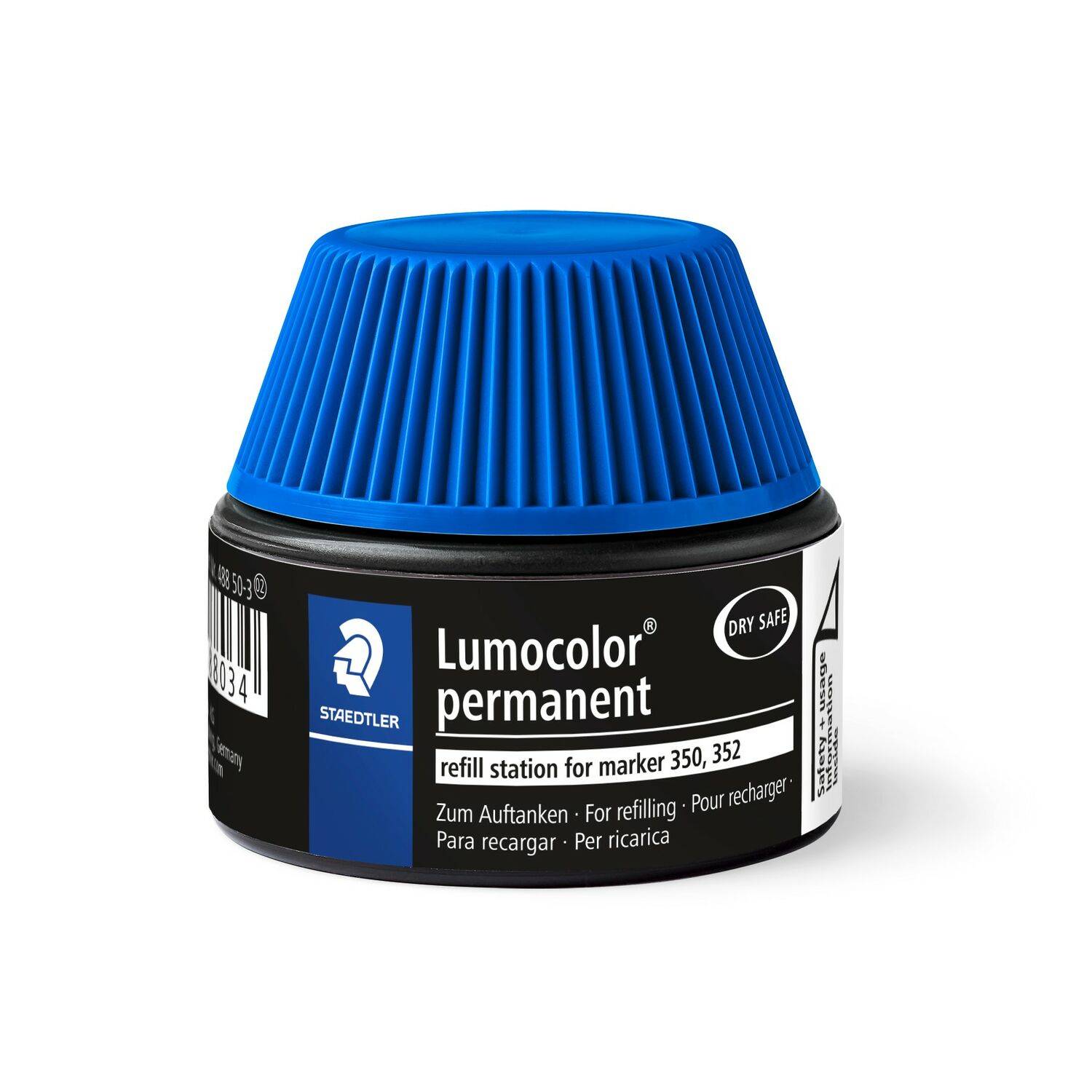 Blaukappe – Staedtler Lumocolor Nachfüllstation für permanente Marker 350/352, dargestellt als kleiner schwarzer Behälter mit Produktetikett.