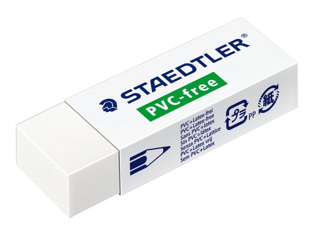 Weiße Staedtler-Radiergummischachtel mit der Bezeichnung „PVC-frei