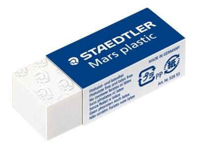 Ein weißer Staedtler Mars Kunststoffradierer in einer blau-weißen Schachtel, angewinkelt dargestellt mit sichtbarem Produktbranding und deutschem Text.