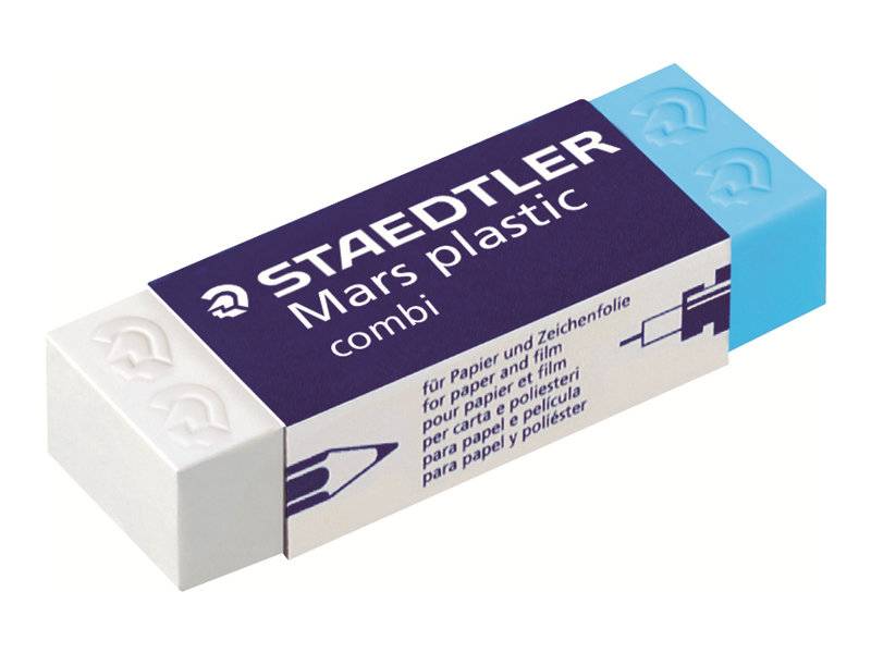 Staedtler Mars Kunststoff Kombi Radierer, weißer und blauer rechteckiger Bleistiftradierer in Markenverpackung.