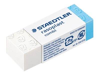 Eine Schachtel Staedtler Rasoplast Kombi-Radierer, weiß mit blauen Akzenten, zeigt Produktmarkierung und Recycling-Symbole.