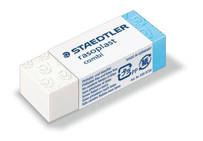 Schachtel STAEDTLER rasoplast combi Radierer, weiße und blaue Verpackung auf einfachem Hintergrund.