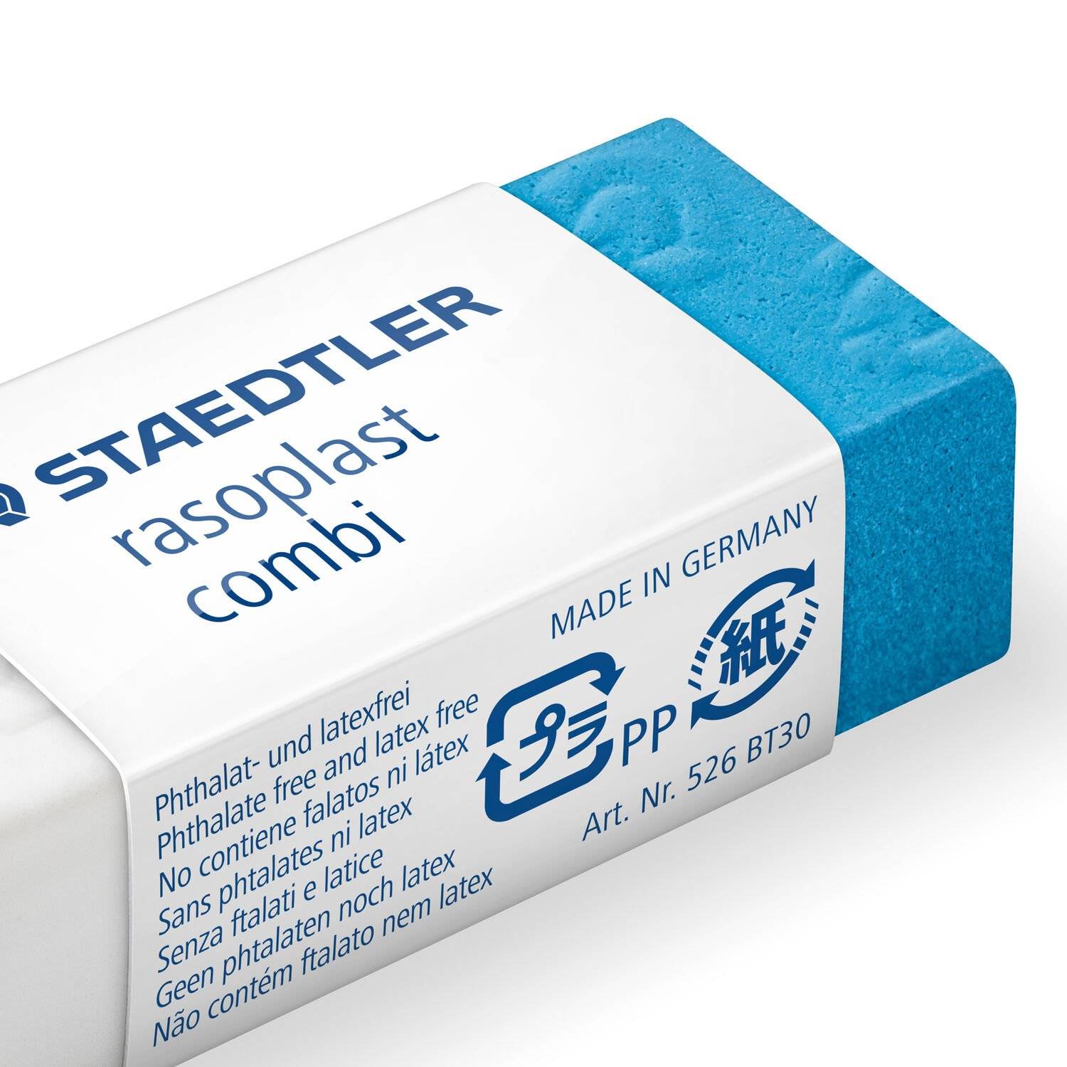 Blauer Staedtler Rasoplast Kombi-Radierer mit weißem Ärmel, beschriftet mit „MADE IN GERMANY