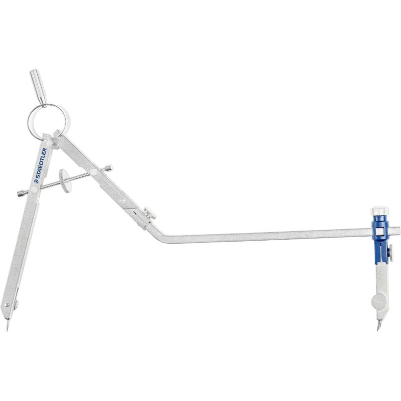 Ein Metallzirkel mit verstellbaren Armen zum Zeichnen von Kreisen und Bögen, einer Arm mit einem Bleistifthalter, verwendet für präzise Messungen.