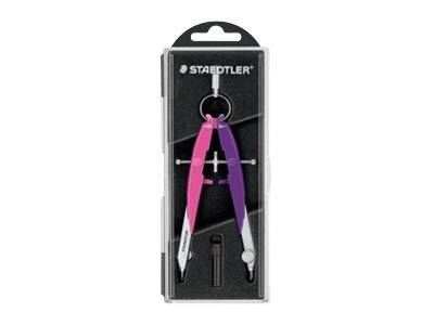 STAEDTLER Zeichenzirkel in durchsichtiger Kunststoffverpackung mit rosa und lila Gehäuse und Ersatzminen