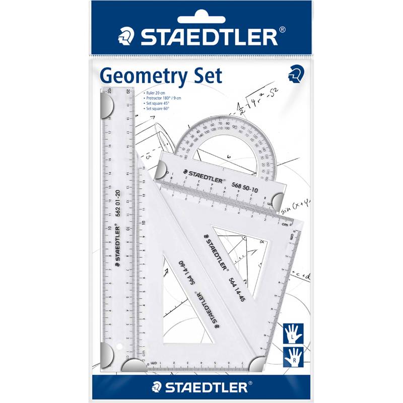 STAEDTLER Geometrie-Set Verpackung mit Lineal, Winkelmesser und Geodreiecken auf der Vorderseite abgebildet.